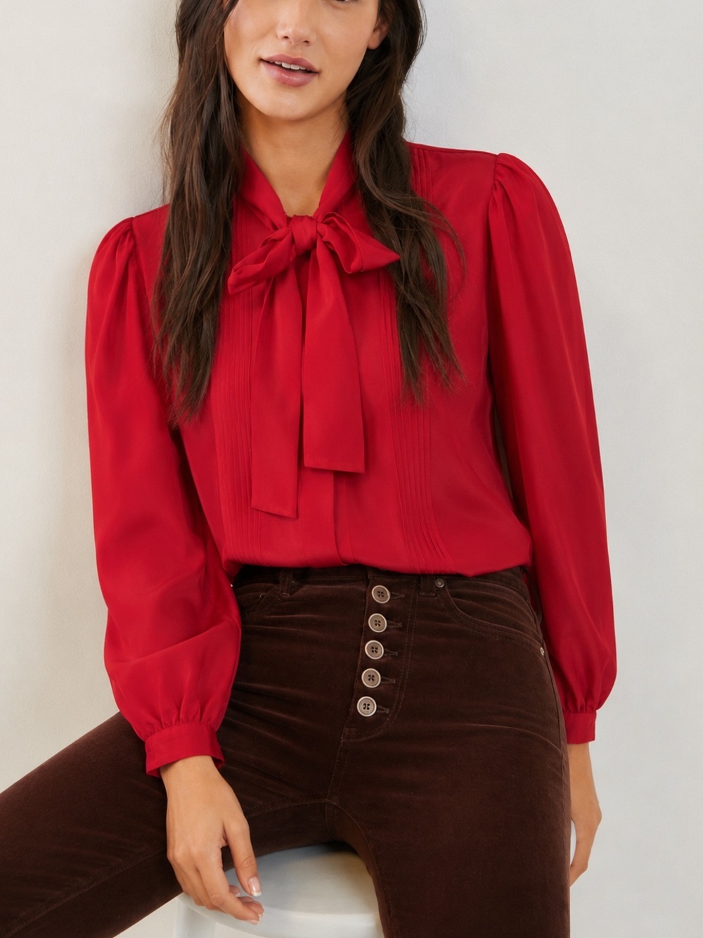 Vintage Lloyd Williams Red Secretary Blouse Bow Tie Neck Size 6